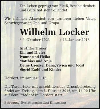 Traueranzeige von Wilhelm Locker  von Magdeburger Volksstimme