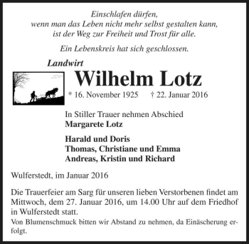 Traueranzeige von Wilhelm Lotz  von Magdeburger Volksstimme
