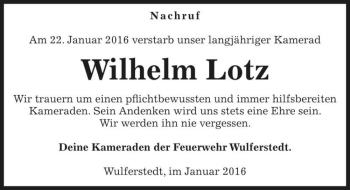 Traueranzeige von Wilhelm Lotz  von Magdeburger Volksstimme