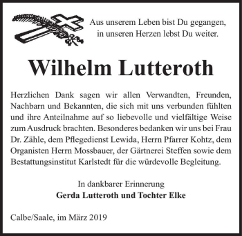 Traueranzeige von Wilhelm Lutteroth  von Magdeburger Volksstimme