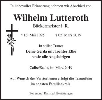 Traueranzeige von Wilhelm Lutteroth  von Magdeburger Volksstimme