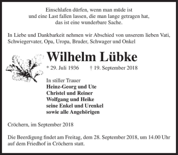 Traueranzeige von Wilhelm Lübke  von Magdeburger Volksstimme