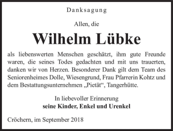 Traueranzeige von Wilhelm Lübke  von Magdeburger Volksstimme