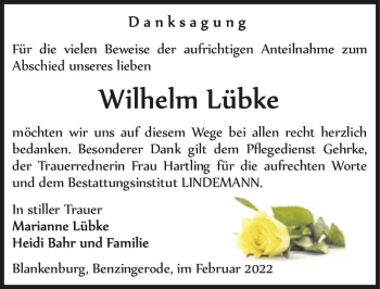 Traueranzeige von Wilhelm Lübke  von Magdeburger Volksstimme
