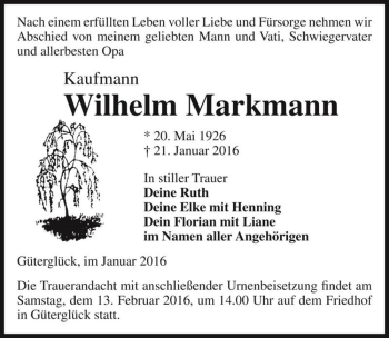 Traueranzeige von Wilhelm Markmann  von Magdeburger Volksstimme