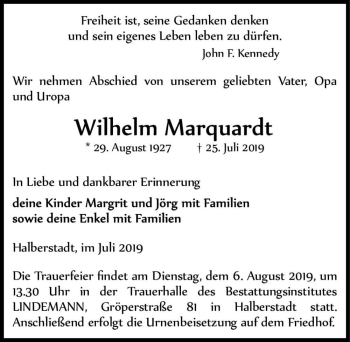 Traueranzeige von Wilhelm Marquarrdt  von Magdeburger Volksstimme
