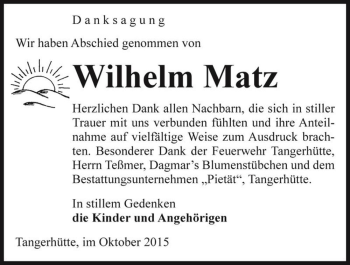 Traueranzeige von Wilhelm Matz  von Magdeburger Volksstimme