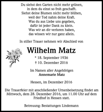 Traueranzeige von Wilhelm Matz  von Magdeburger Volksstimme