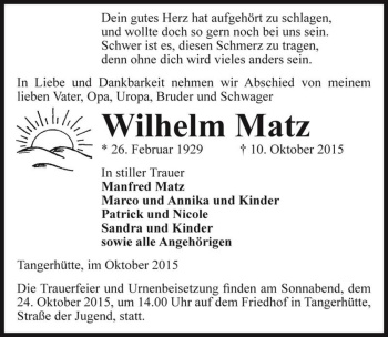 Traueranzeige von Wilhelm Matz  von Magdeburger Volksstimme