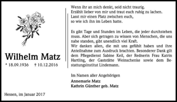 Traueranzeige von Wilhelm Matz  von Magdeburger Volksstimme