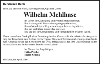 Traueranzeige von Wilhelm Mehlhase  von Magdeburger Volksstimme