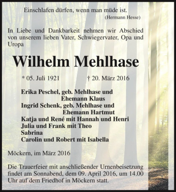 Traueranzeige von Wilhelm Mehlhase  von Magdeburger Volksstimme