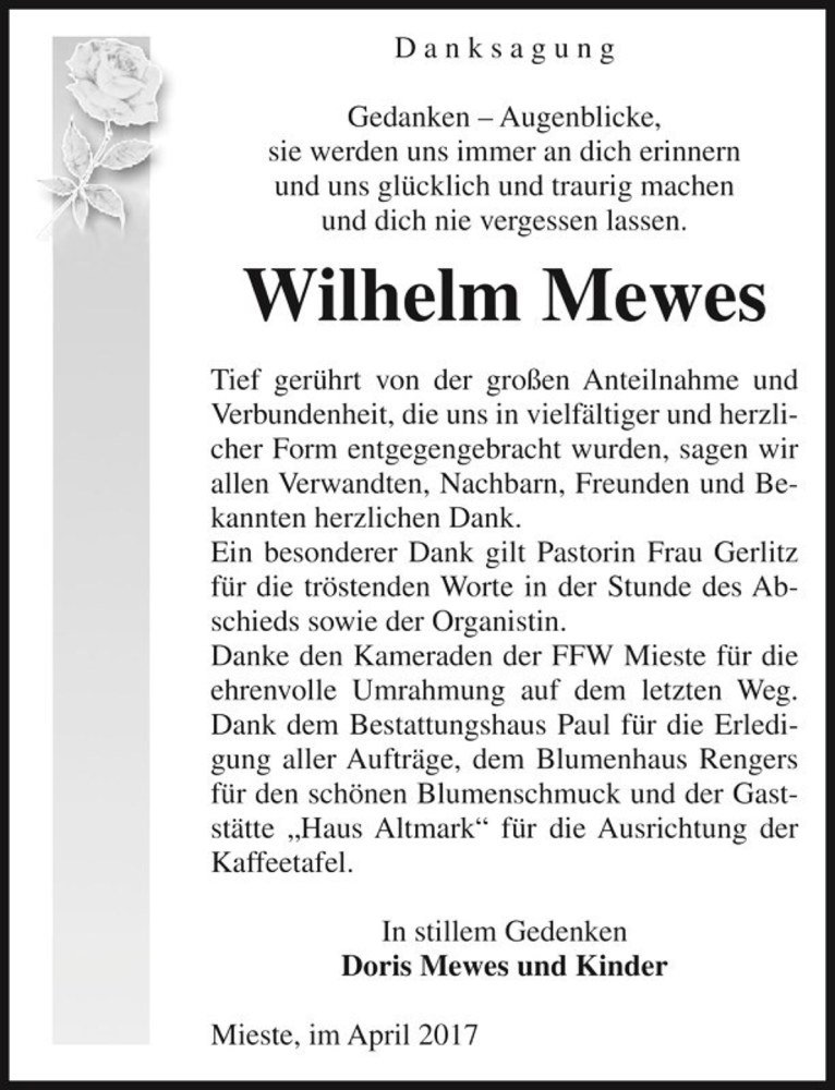  Traueranzeige für Wilhelm Mewes  vom 22.04.2017 aus Magdeburger Volksstimme