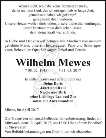Traueranzeige von Wilhelm Mewes  von Magdeburger Volksstimme