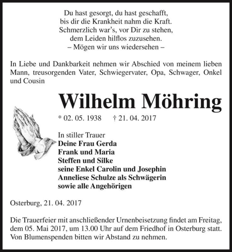  Traueranzeige für Wilhelm Möhring  vom 26.04.2017 aus Magdeburger Volksstimme