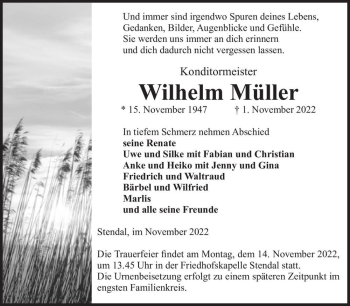 Traueranzeige von Wilhelm Müller  von Magdeburger Volksstimme