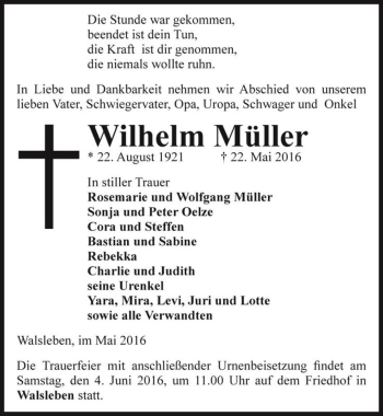 Traueranzeige von Wilhelm Müller  von Magdeburger Volksstimme