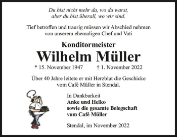 Traueranzeige von Wilhelm Müller  von Magdeburger Volksstimme