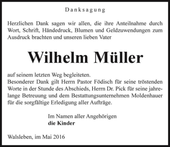 Traueranzeige von Wilhelm Müller  von Magdeburger Volksstimme