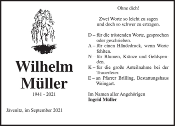 Traueranzeige von Wilhelm Müller  von Magdeburger Volksstimme