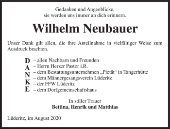 Traueranzeige von Wilhelm Neubauer  von Magdeburger Volksstimme