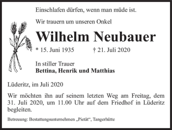 Traueranzeige von Wilhelm Neubauer  von Magdeburger Volksstimme