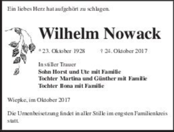 Traueranzeige von Wilhelm Nowack  von Magdeburger Volksstimme
