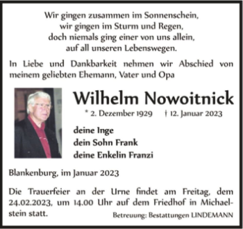 Traueranzeige von Wilhelm Nowoitnick  von Magdeburger Volksstimme