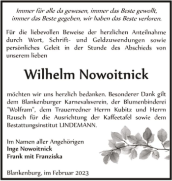 Traueranzeige von Wilhelm Nowoitnick  von Magdeburger Volksstimme
