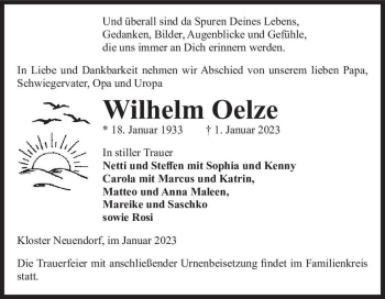 Traueranzeige von Wilhelm Oelze  von Magdeburger Volksstimme