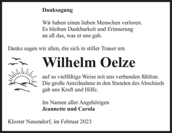 Traueranzeige von Wilhelm Oelze  von Magdeburger Volksstimme