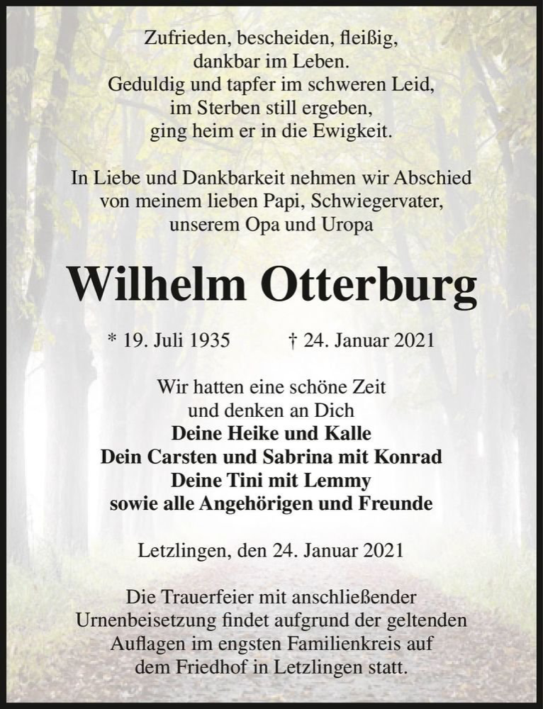  Traueranzeige für Wilhelm Otterburg  vom 27.01.2021 aus Magdeburger Volksstimme
