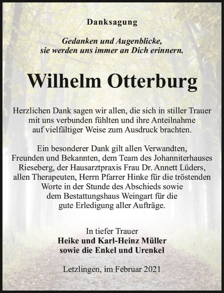  Traueranzeige für Wilhelm Otterburg  vom 20.02.2021 aus Magdeburger Volksstimme