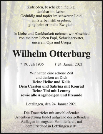 Traueranzeige von Wilhelm Otterburg  von Magdeburger Volksstimme