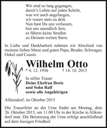 Traueranzeige von Wilhelm Otto  von Magdeburger Volksstimme
