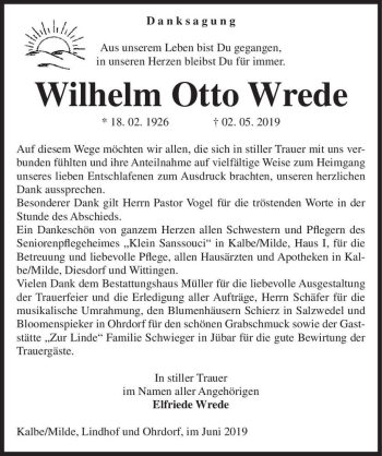 Traueranzeige von Wilhelm Otto Wrede  von Magdeburger Volksstimme