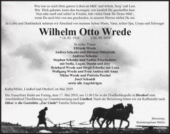 Traueranzeige von Wilhelm Otto Wrede  von Magdeburger Volksstimme