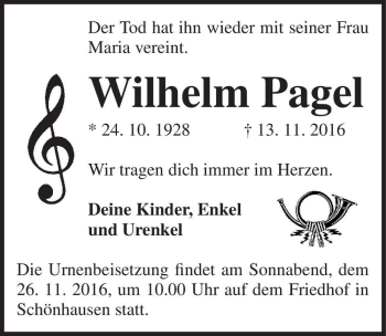 Traueranzeige von Wilhelm Pagel  von Magdeburger Volksstimme