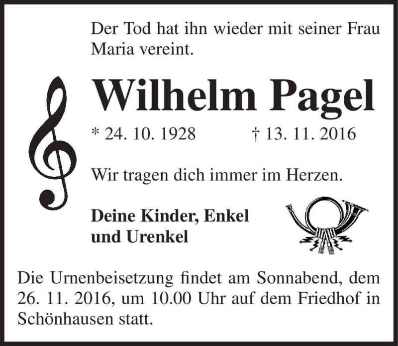  Traueranzeige für Wilhelm Pagel  vom 16.11.2016 aus Magdeburger Volksstimme