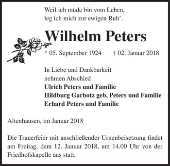 Traueranzeige von Wilhelm Peters  von Magdeburger Volksstimme