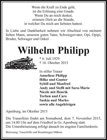 Traueranzeige von Wilhelm Philipp  von Magdeburger Volksstimme