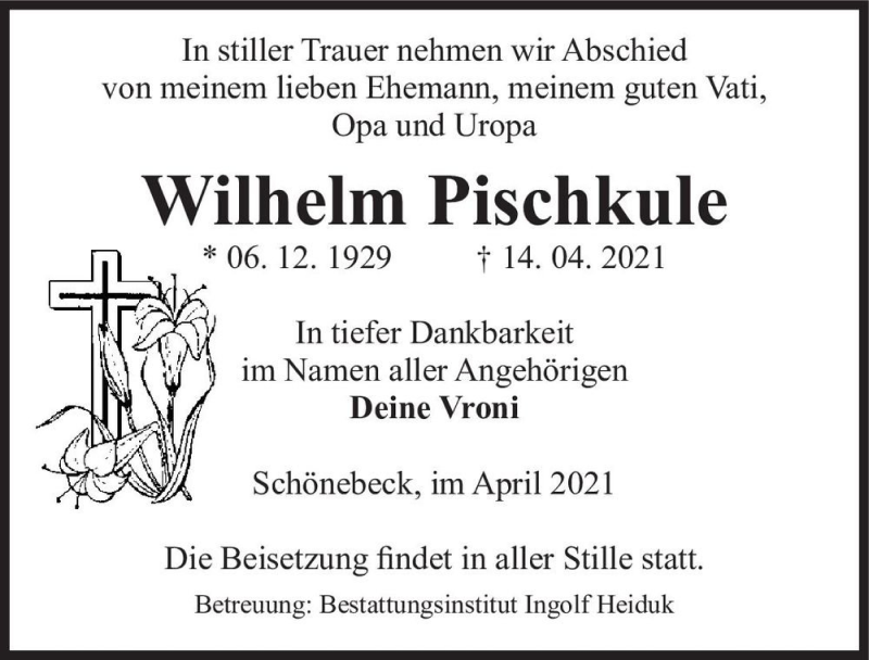  Traueranzeige für Wilhelm Pischkule  vom 08.05.2021 aus Magdeburger Volksstimme