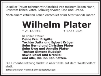 Traueranzeige von Wilhelm Plater  von Magdeburger Volksstimme