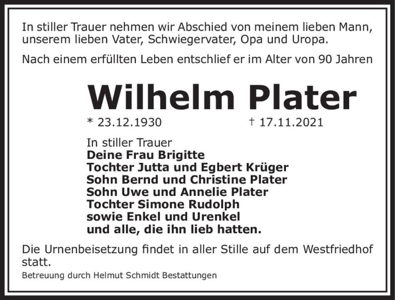  Traueranzeige für Wilhelm Plater  vom 04.12.2021 aus Magdeburger Volksstimme