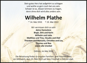 Traueranzeige von Wilhelm Plathe  von Magdeburger Volksstimme