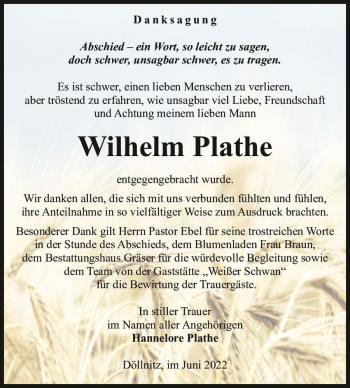 Traueranzeige von Wilhelm Plathe  von Magdeburger Volksstimme