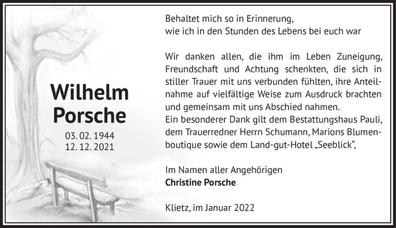  Traueranzeige für Wilhelm Porsche  vom 12.01.2022 aus Magdeburger Volksstimme