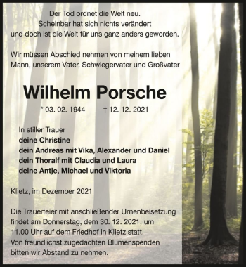 Traueranzeige von Wilhelm Porsche  von Magdeburger Volksstimme