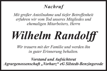 Traueranzeige von Wilhelm Randolff  von Magdeburger Volksstimme