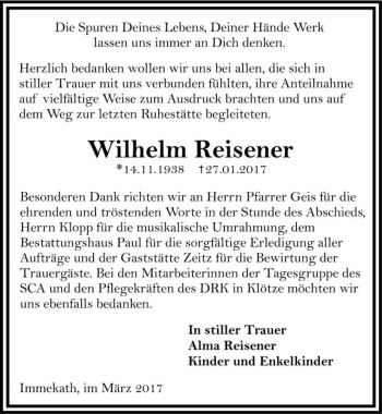 Traueranzeige von Wilhelm Reisener  von Magdeburger Volksstimme